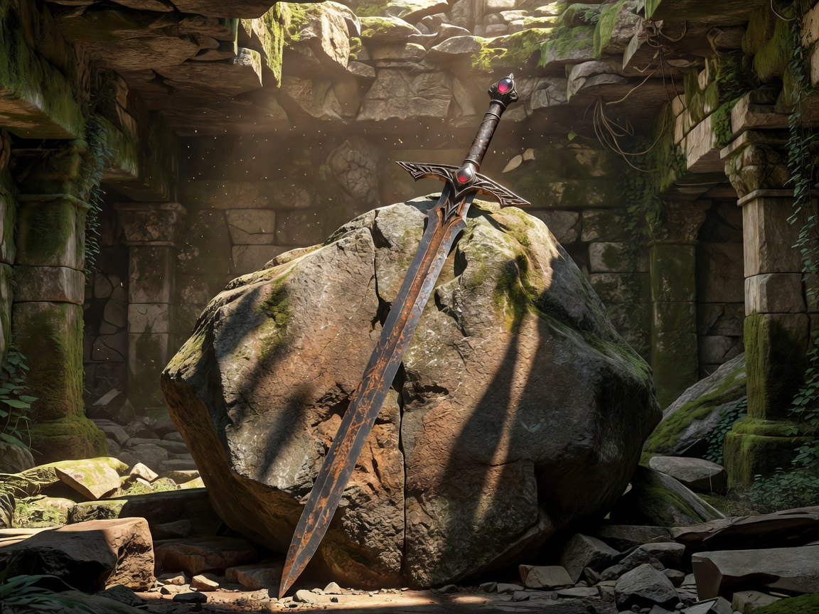 A rusted but majestic ancient sword stuck in stone