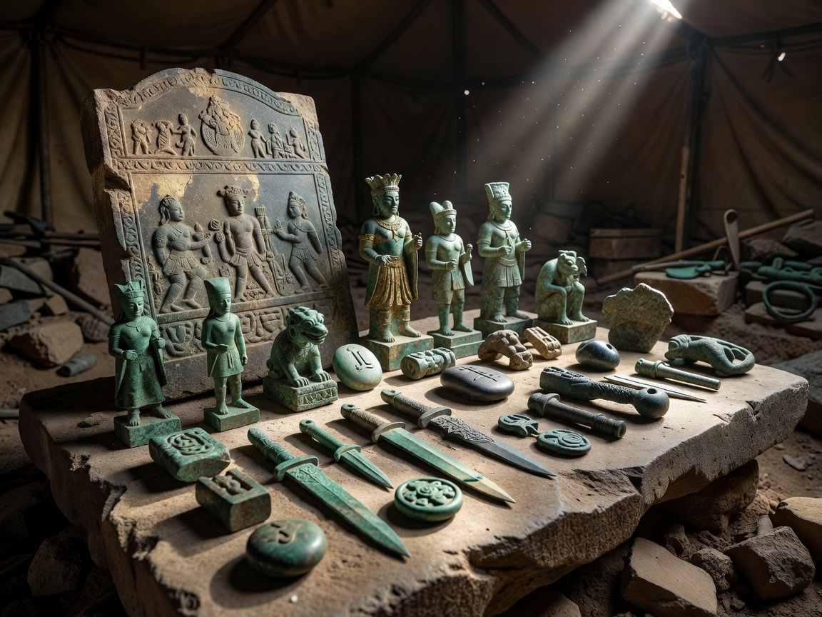 Various stone and bronze artifacts found in ruins