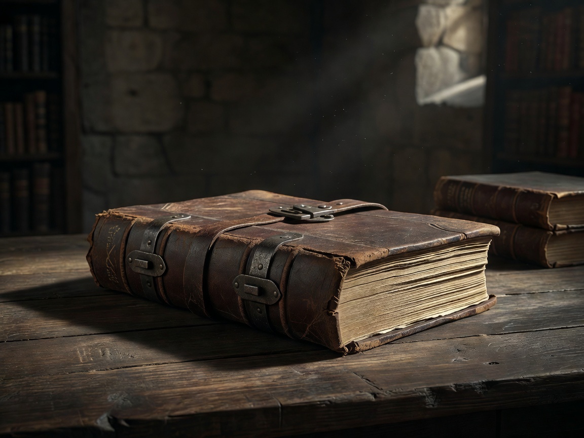 A thick, aged leather-bound book containing kingdom chronicles