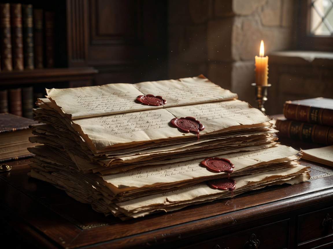 A stack of royal historical documents and letters